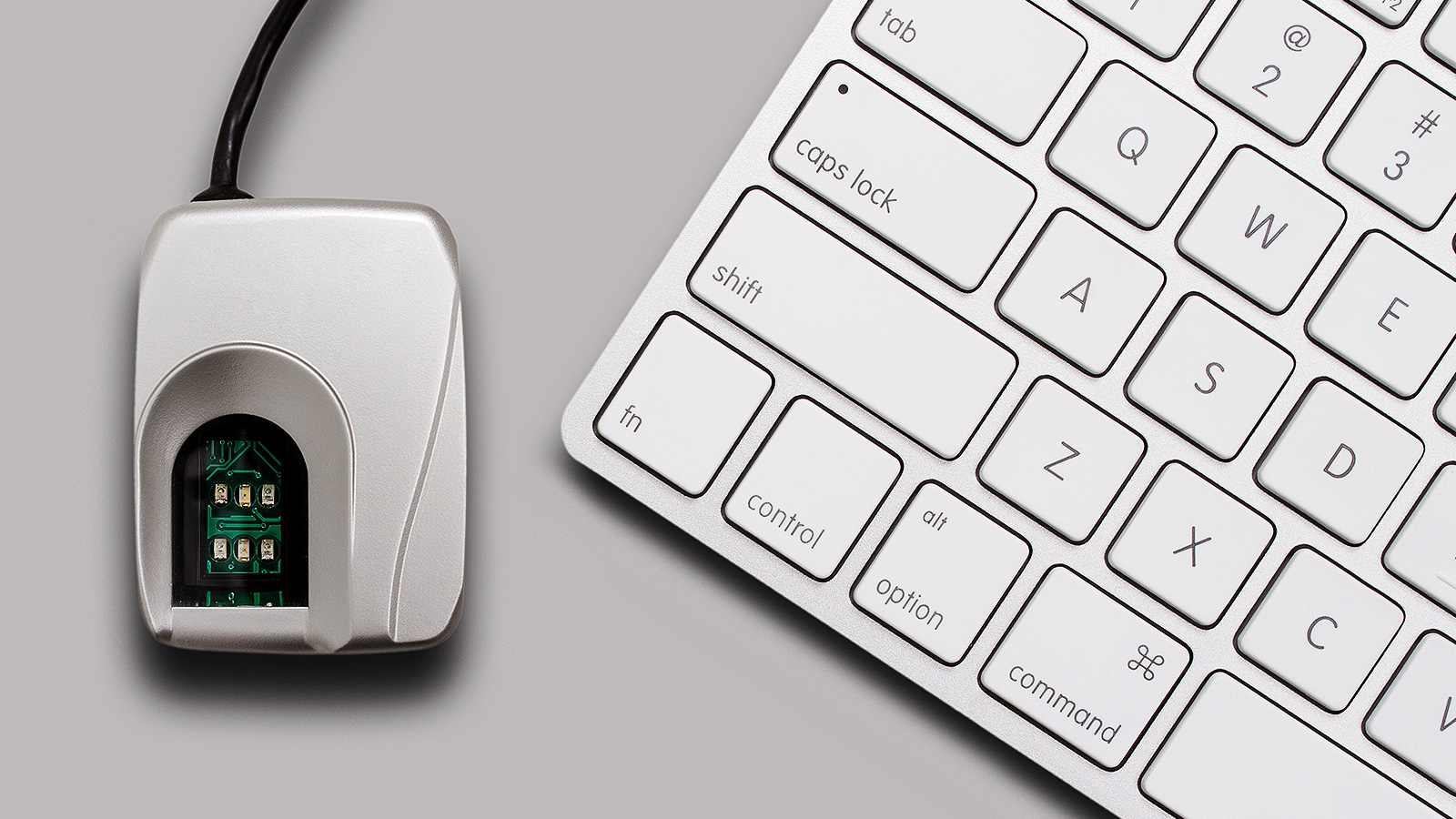 Computer mouse with a biometric chip next to a laptop keyboard. Computer mouse with a biometric chip next to a laptop keyboard.